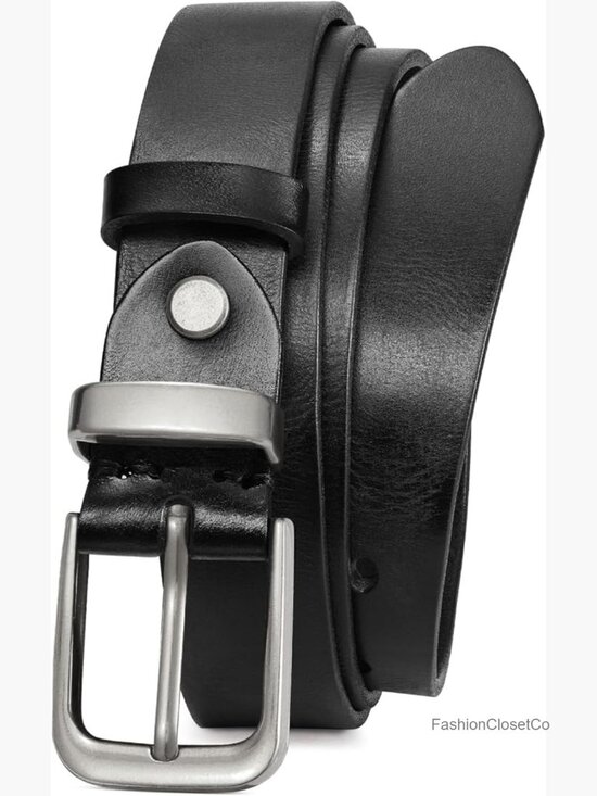 Genuine Full Grain Leather Belt with Vintage Metal Buckle for Jeans Pants